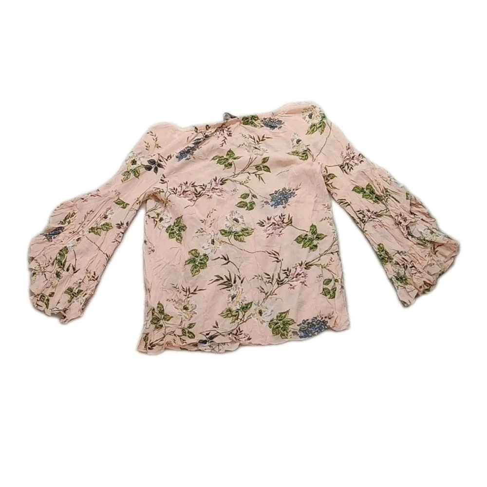 Fever Peach Floral Sheer Bell Sleeve And Hem Perforated Detail Boho Top Womens M